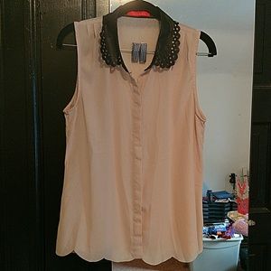 nude black sheer button up sleeveless shirt sz L
